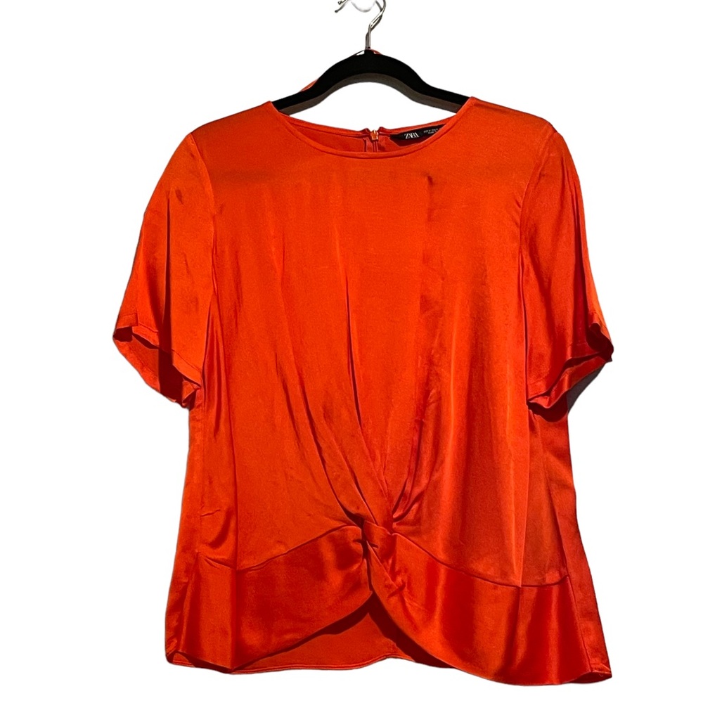 Zara Bright Orange Satin Front-Knot Blouse